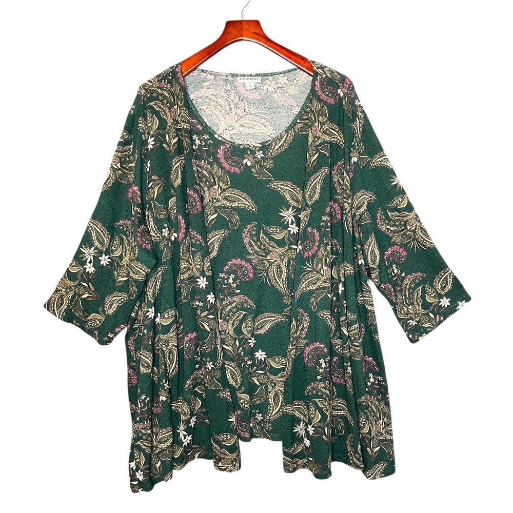 Catherines 3X Green‎ Paisley Floral Cardigan Top Attached Tank Boho Flowy Duet